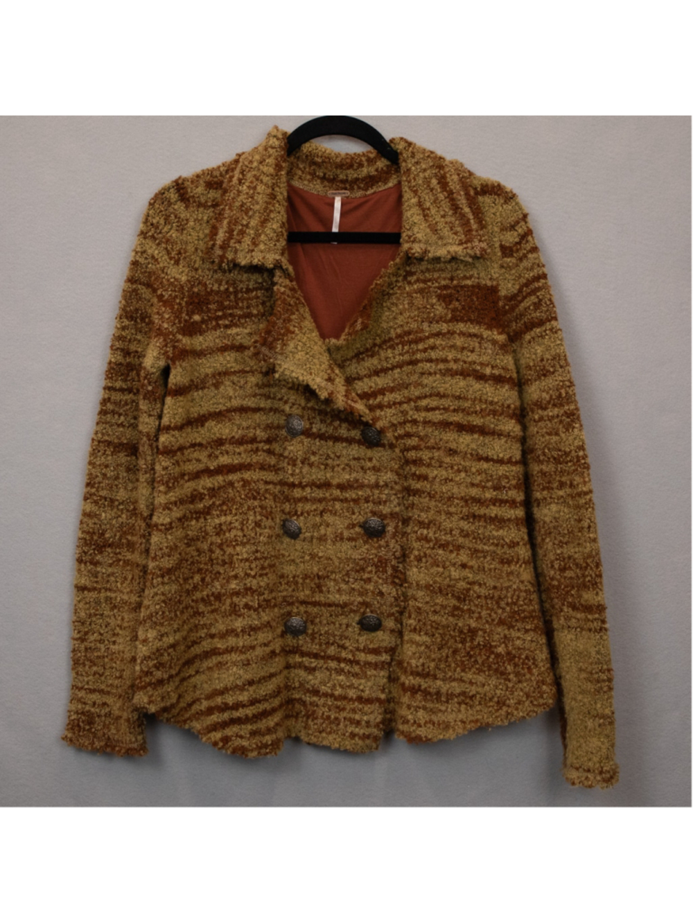Free People Zebra Yarn double breasted boucle knit brown cardigan-S